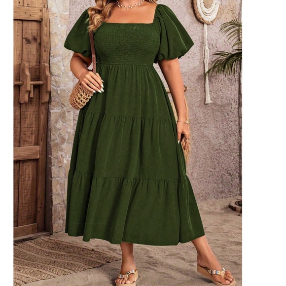 Solid Smocked Bodice Puff Sleeve Ruffle Hem Dress - Picture 7 of 7